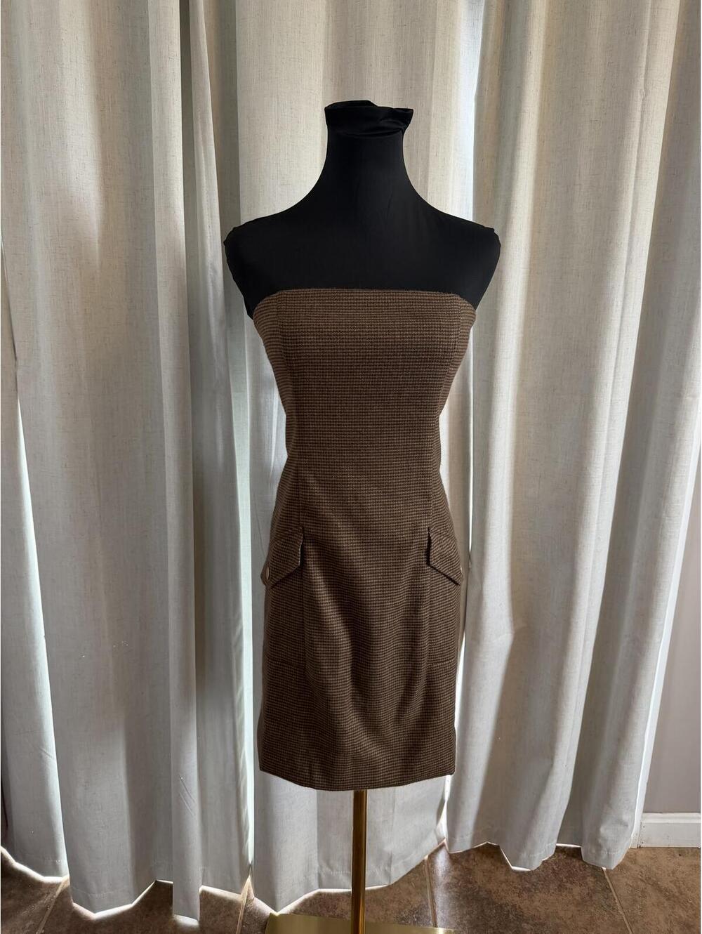 Torn by Ronny Kobo Brown Strapless Houndstooth Dress, Size Medium